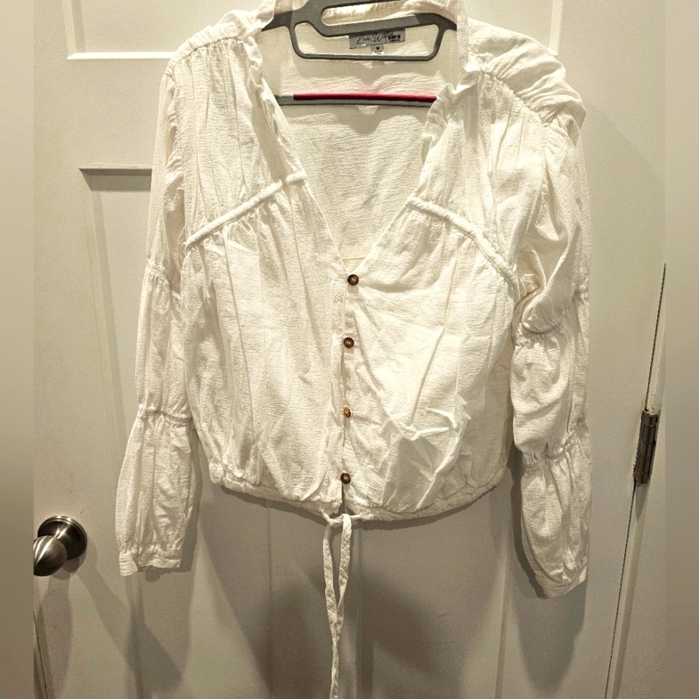 Love, Whit White Cotton Peasant Blouse Women’s M Button Front, Puff Sleeve Boho